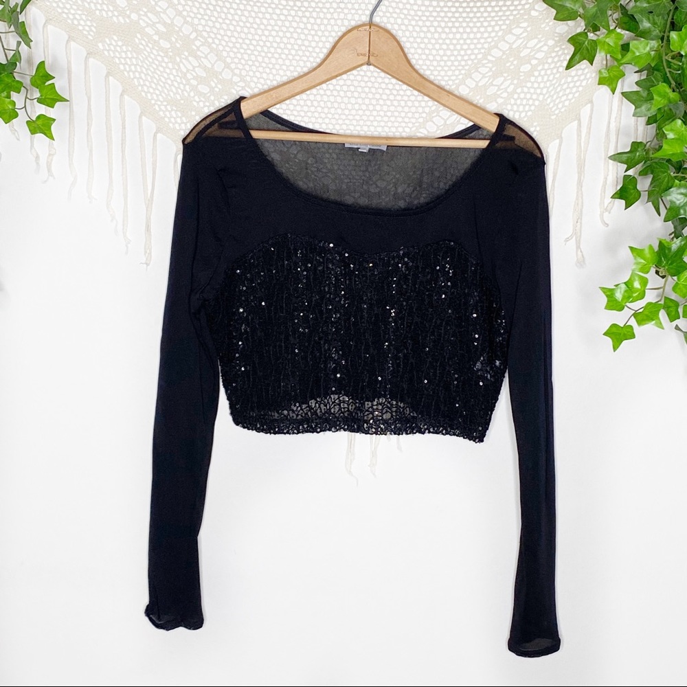 Charlotte Russe Black Sheer Sequin Crop Top